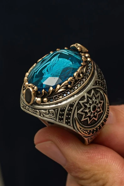 Fetih Koleksiyonumuzdan Kurt Motif Mavi Taşlı 925 Erkek Gümüş Yüzük - Resim 5