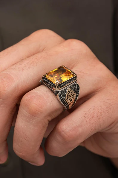 Sarı Zirkon Taşlı 925 Erkek Gümüş Yüzük - Resim 4