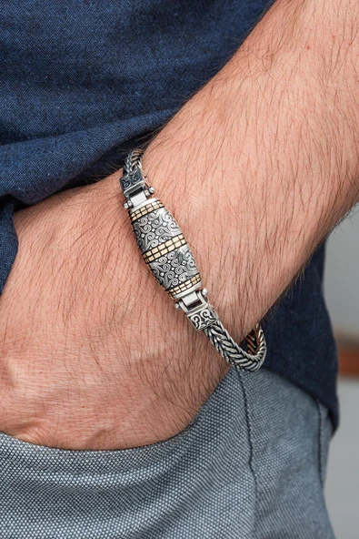 Yeni Tasarım Elişi 925 Ayar Gümüş Erkek Bileklik - Resim 5