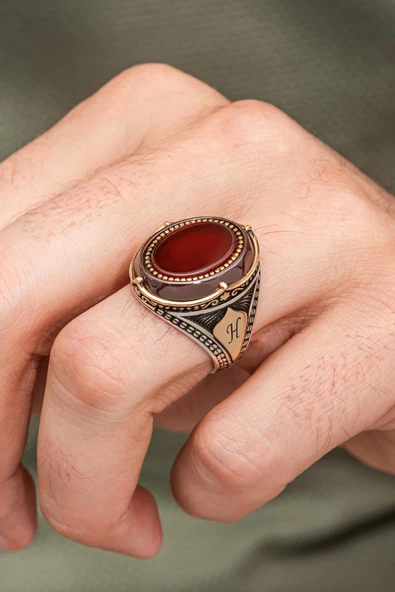 Oval Akik Taşlı Harfli 925 Erkek Gümüş Yüzük - Resim 3