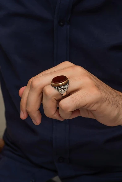 Oval Akik Taşlı 925 Erkek Gümüş Yüzük - 4