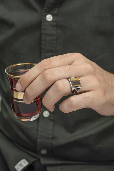 Kaplan Gözü Taşlı 925 Gümüş Erkek Yüzük - Resim 3