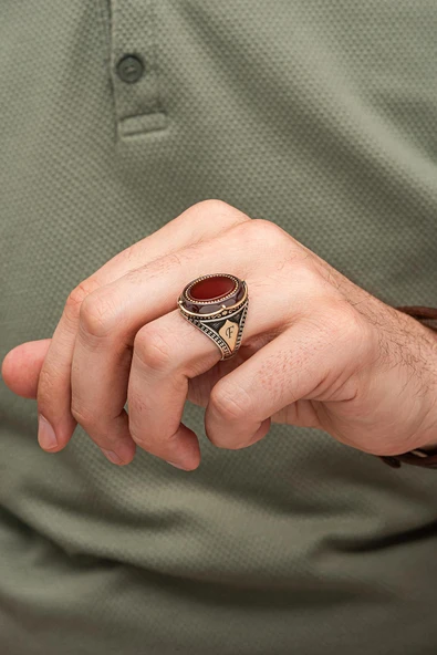 Oval Akik Taşlı Harfli 925 Erkek Gümüş Yüzük - Resim 5