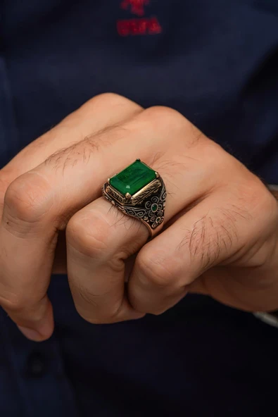 Yeşil Paraiba Taşlı Kare 925 Gümüş Erkek Yüzük - Resim 3