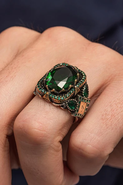 Yeşil Taşlı Harfli 925 Erkek Gümüş Yüzük - Resim 5