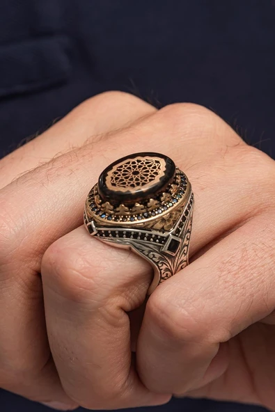 Oval Sıkma Kehribar Taşlı 925 Erkek Gümüş Yüzük - Resim 5