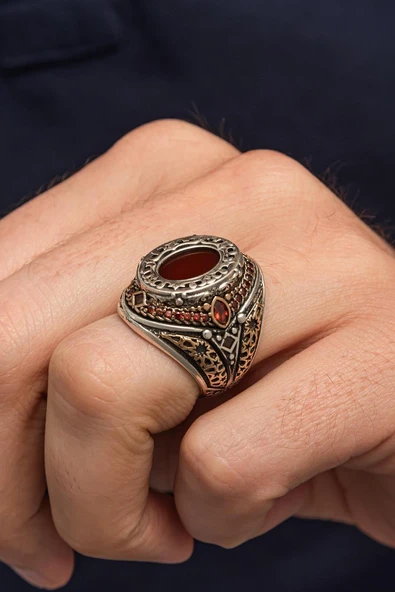 Oval Akik Taşlı 925 Erkek Gümüş Yüzük ürün görseli