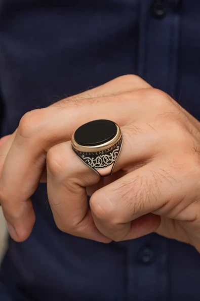 Oval Siyah Oniks Taşlı 925 Erkek Gümüş Yüzük - Resim 5