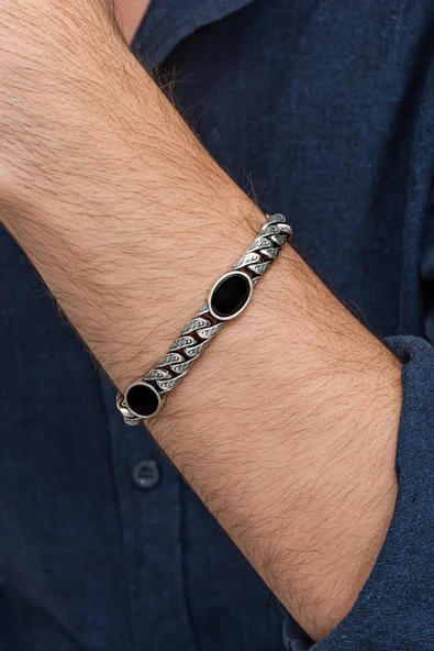 Siyah Oniks Taşlı Gurmet 925 Ayar Gümüş Erkek Bileklik - 5
