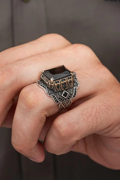 Siyah Zirkon Taşlı 925 Erkek Gümüş Yüzük - Resim 2