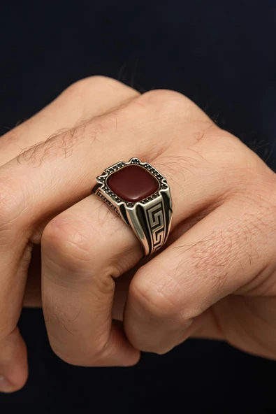 Grek Desenli Akik Taşlı 925 Erkek Gümüş Yüzük - Resim 3