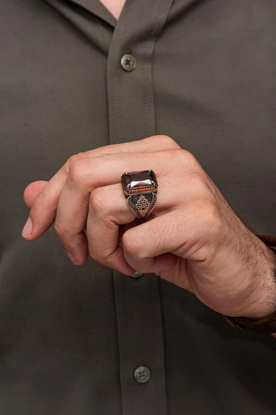 Kırmızı Taşlı Dikdörtgen 925 Erkek Gümüş Yüzük - Resim 5