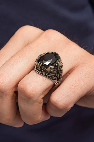 Oval Siyah Taşlı Yaprak Desen 925 Erkek Gümüş Yüzük ürün görseli