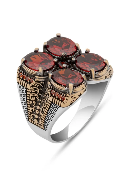 Kırmızı 4 Taşlı 925 Erkek Gümüş Yüzük - Resim 2