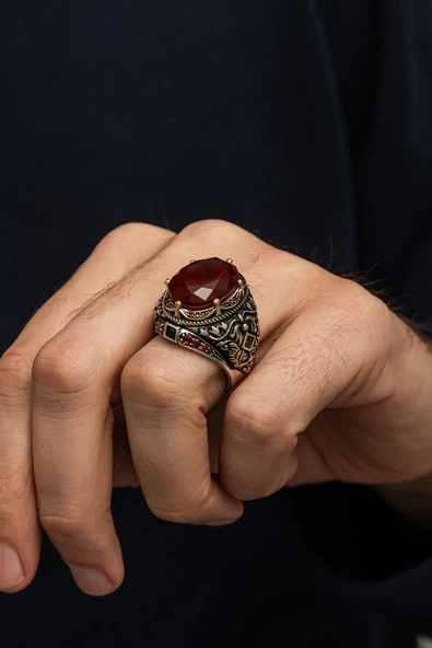 Kırmızı Paraiba Taşlı 925 Erkek Gümüş Yüzük - Resim 3