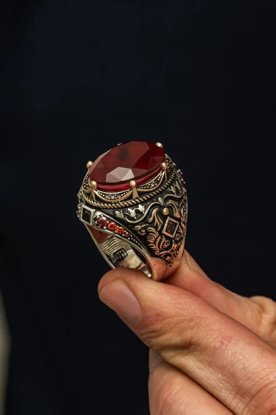 Kırmızı Paraiba Taşlı 925 Erkek Gümüş Yüzük ürün görseli