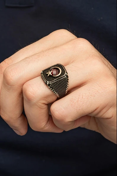 Ayyıldız Desenli Kırmızı Taşlı 925 Erkek Gümüş Yüzük - Resim 4