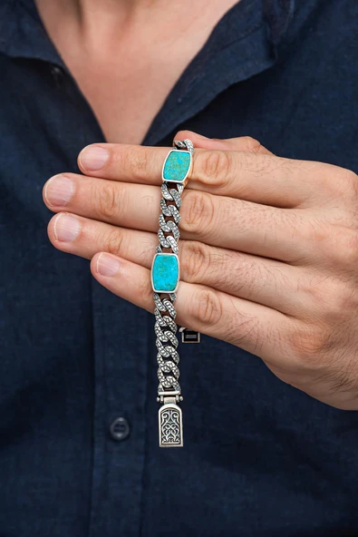 Firuze Taşlı Gurmet 925 Ayar Gümüş Erkek Bileklik Künye - 5