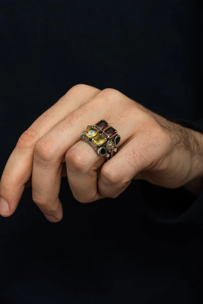 Sarı Kırmızı  Taşlı Aslan Başı Motifli 925 Erkek Gümüş Yüzük - Resim 5