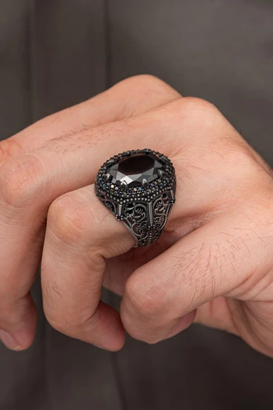 Oval Siyah Taşlı 925 Erkek Gümüş Yüzük - 3