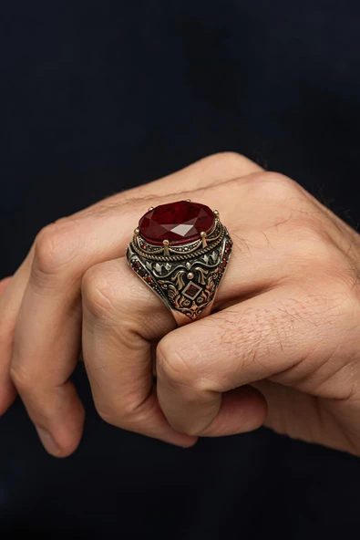Kırmızı Paraiba Taşlı 925 Erkek Gümüş Yüzük - Resim 5