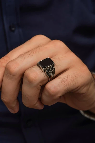 Siyah Oniks Taşlı 925 Gümüş Erkek Yüzük - Resim 5