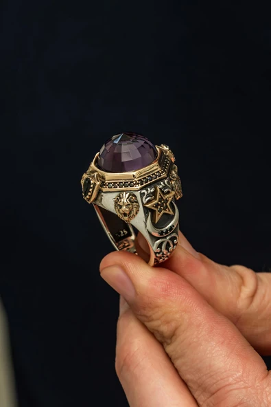 Kubbe Mor Taşlı 925 Erkek Gümüş Yüzük ürün görseli