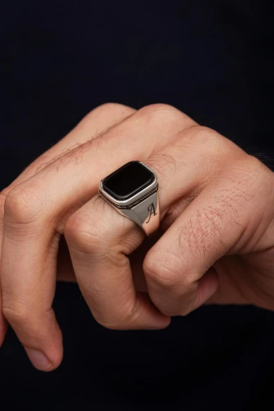 Siyah Oniks Taşlı Harfli 925 Erkek Gümüş Yüzük - Resim 4