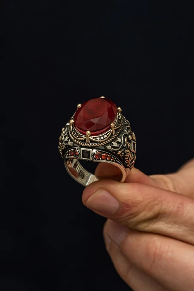 Kırmızı Paraiba Taşlı 925 Erkek Gümüş Yüzük - Resim 6