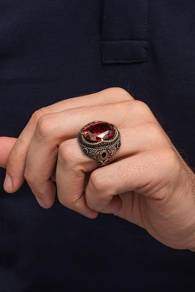 Oval Kırmızı Taşlı 925 Erkek Gümüş Yüzük - Resim 3
