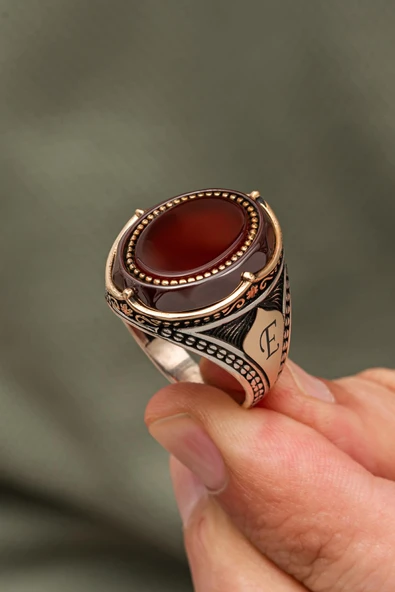 Oval Akik Taşlı Harfli 925 Erkek Gümüş Yüzük ürün görseli