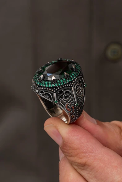 Oval Yeşil Taşlı 925 Erkek Gümüş Yüzük - Resim 2