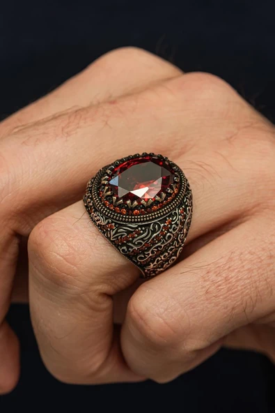 Oval Kırmızı Taşlı 925 Erkek Gümüş Yüzük ürün görseli