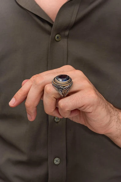 Oval Lacivert Taşlı 925 Erkek Gümüş Yüzük - Resim 3