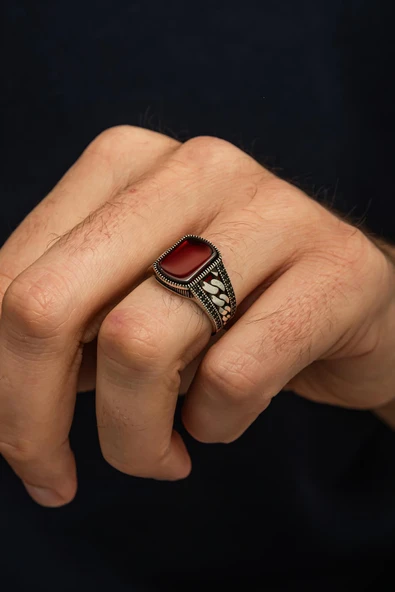 Akik Taşlı Gurmet Zincir Motifli 925 Erkek Gümüş Yüzük - Resim 4