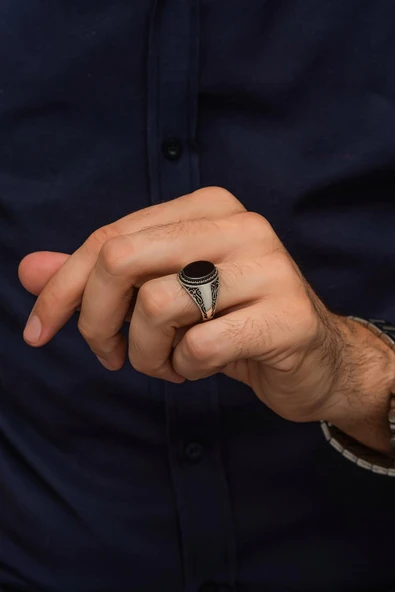 Oval Siyah Oniks Taşlı  925 Gümüş Erkek Yüzük - Resim 5