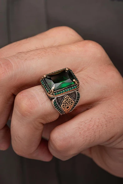 Yeşil Taşlı Dikdörgen 925 Erkek Gümüş Yüzük ürün görseli