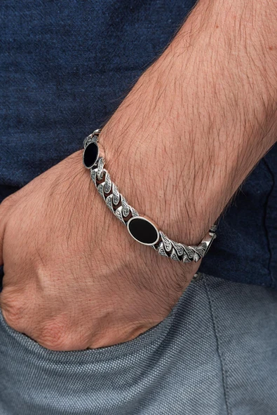 Siyah Oniks Taşlı Gurmet 925 Ayar Gümüş Erkek Bileklik