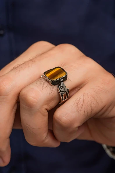 Tuğra Motifli Kaplan Gözü Taşlı 925 Gümüş Erkek Yüzük - Resim 5