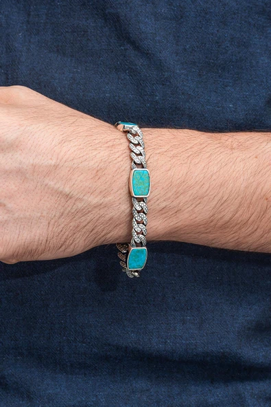 Firuze Taşlı Gurmet 925 Ayar Gümüş Erkek Bileklik Künye - 7