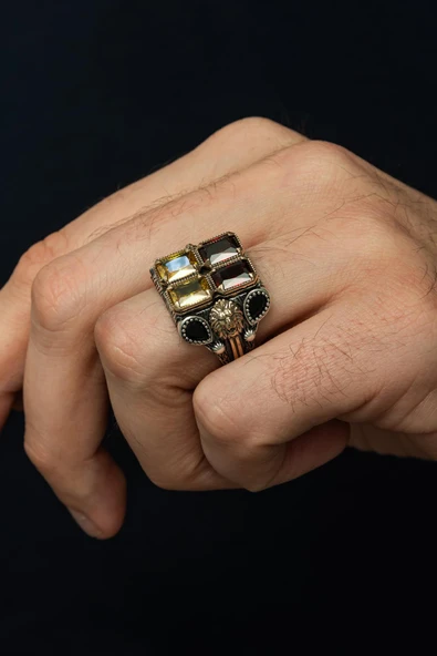 Sarı Kırmızı  Taşlı Aslan Başı Motifli 925 Erkek Gümüş Yüzük - Resim 6