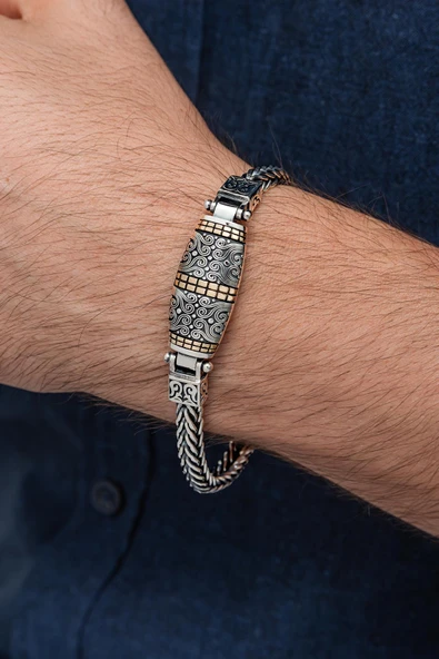 Yeni Tasarım Elişi 925 Ayar Gümüş Erkek Bileklik - Resim 6