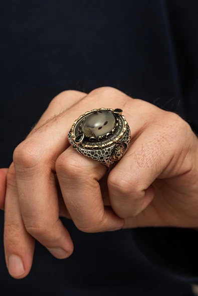 Yemen Taşlı Aslan Başı Motifli 925 Erkek Gümüş Yüzük - Resim 5