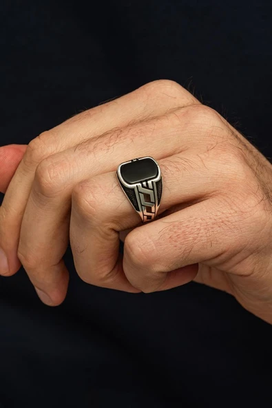 Siyah Oniks Taşlı Grek 925 Erkek Gümüş Yüzük - Resim 3