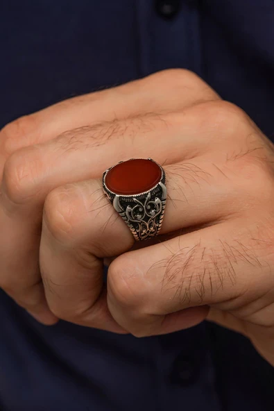 Oval Akik Taşlı  925 Gümüş Erkek Yüzük ürün görseli