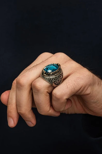 Fetih Koleksiyonumuzdan Kurt Motif Mavi Taşlı 925 Erkek Gümüş Yüzük - Resim 4