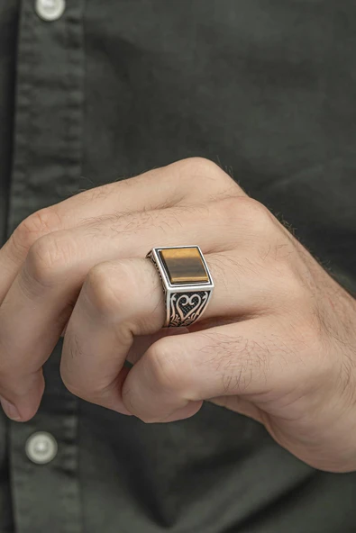 Kaplan Gözü Taşlı 925 Gümüş Erkek Yüzük - Resim 6