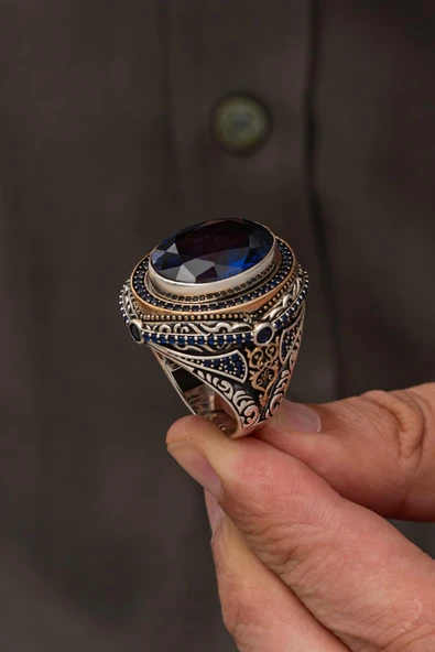 Oval Lacivert Taşlı 925 Erkek Gümüş Yüzük - Resim 2