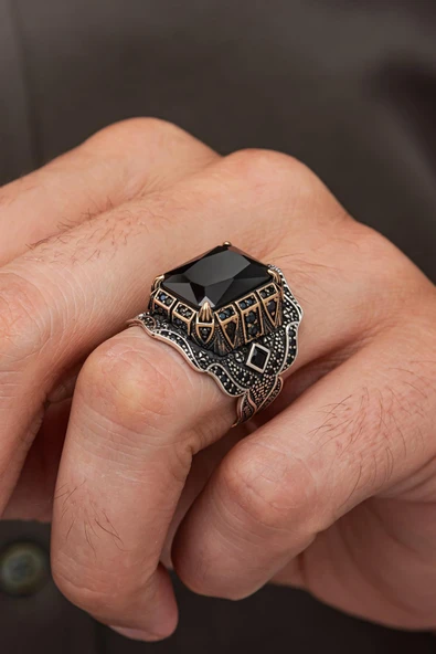 Siyah Zirkon Taşlı 925 Erkek Gümüş Yüzük ürün görseli