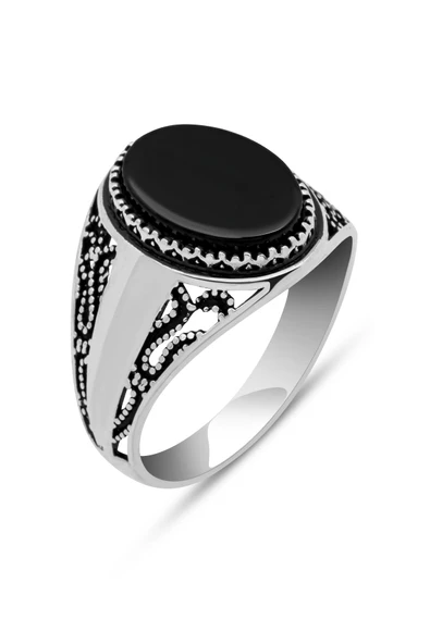 Oval Siyah Oniks Taşlı  925 Gümüş Erkek Yüzük - Resim 2